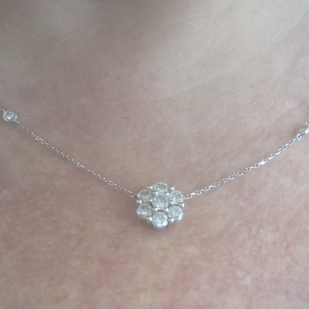 14K Gold Genuine Diamond Station Necklace with Diamond Cluster Flower Pendant